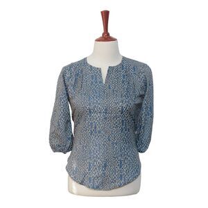 Womens Silky Blouse Blue Chain Baroque Print 3/4 Sleeve V-Neck Casual Top Large